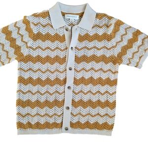 Open Knit Button Up Shirt XS Mustard Cream Scandi Cottage Coastal grandma soft